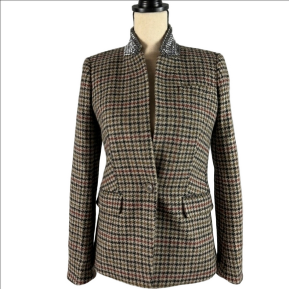 J. CREW "REGENT" Houndstooth Check 100% Wool Blazer, Embellished Collar Size 2 - Picture 2 of 14
